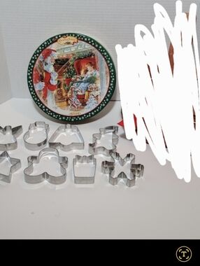 Vintage Christmas Tin and Eight Cookie Cutters Lot